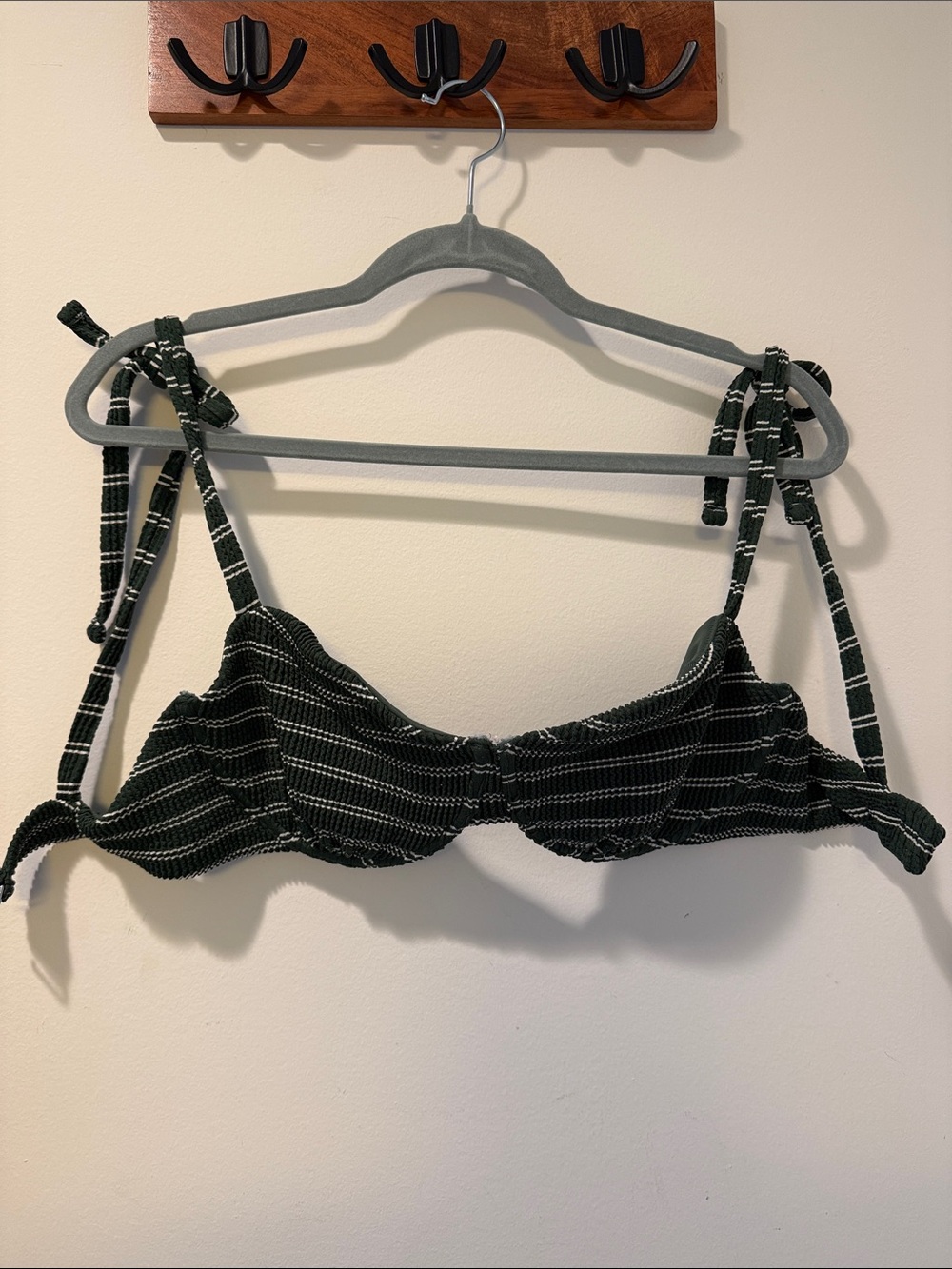 Abercrombie & Fitch Dark Green Striped Tie-Shoulder Bikini Top